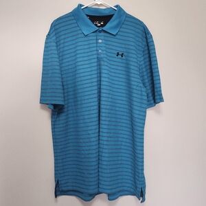 Under Armour 2XL Mens HeatGear Loose Fit Teal Blue Black Striped Golf Polo